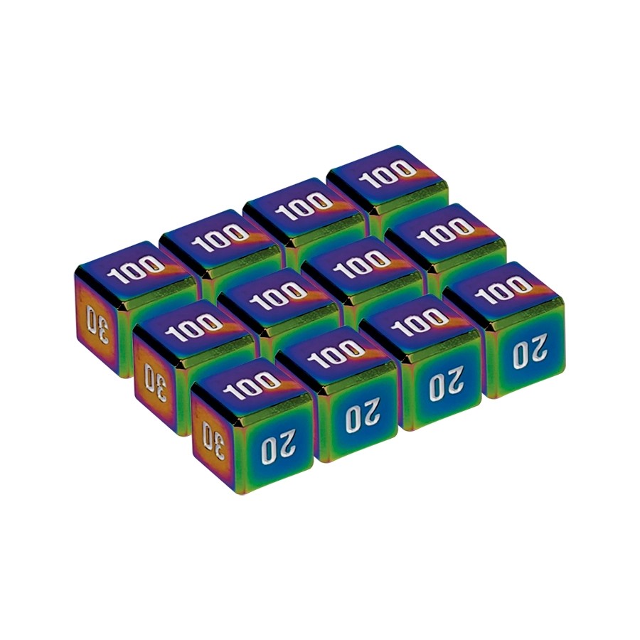 Twelve metal damage-counter dice from the Pokémon 30th Celebration Futuristic Box