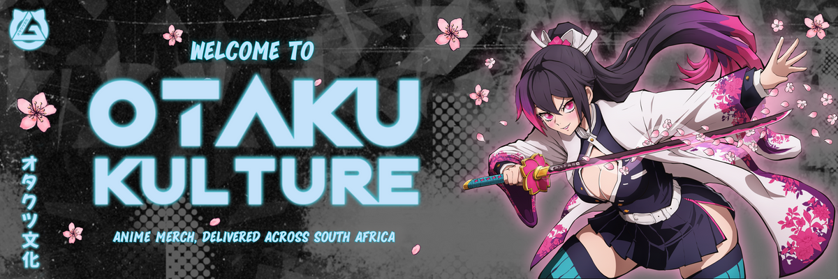 Welcome to Otaku Kulture banner with an anime swordswoman and cherry blossoms: anime merch, delivered across South Africa