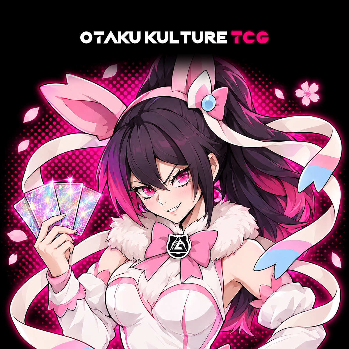 Megumi, the Otaku Kulture TCG mascot, holding holographic trading cards