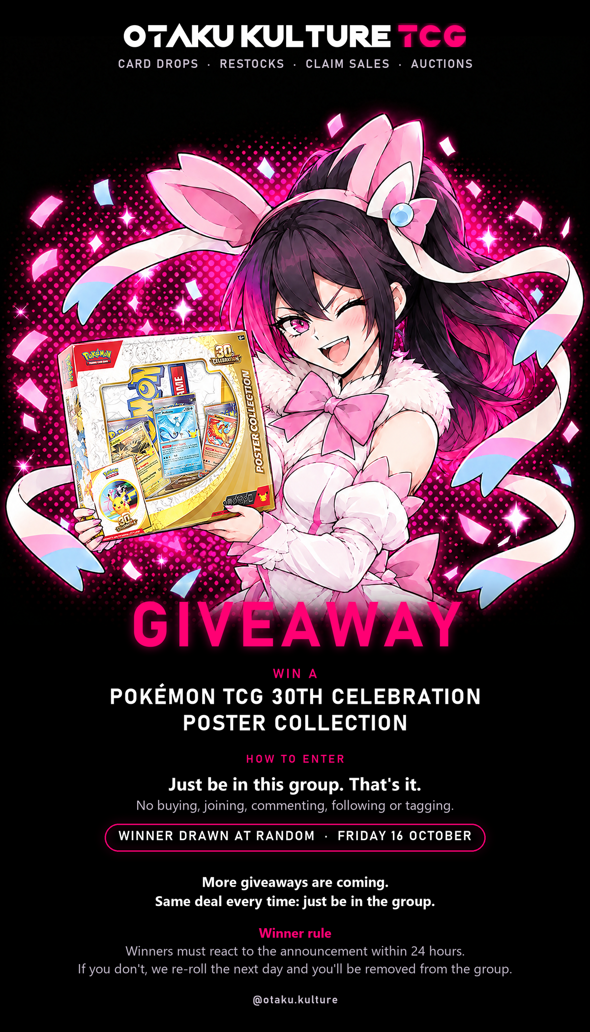 Otaku Kulture TCG WhatsApp group giveaway: win a Pokémon TCG 30th Celebration Poster Collection, winner drawn at random on Friday 16 October