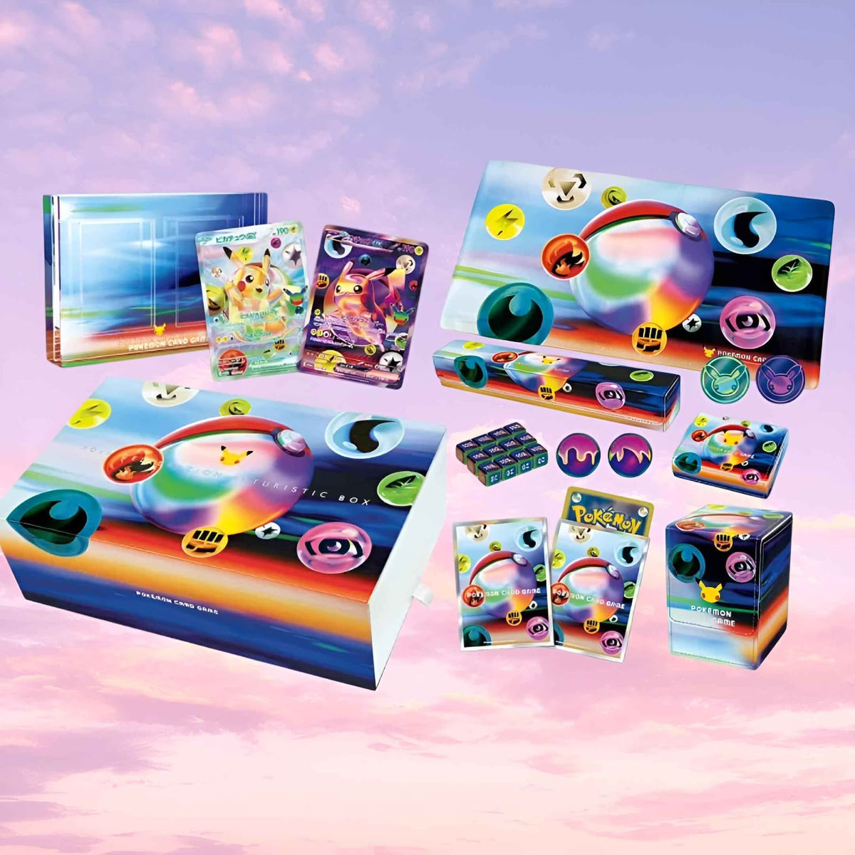 Japanese Pokémon TCG 30th Celebration Futuristic Box with its playmat, sleeves, deck case, dice and two Pikachu ex promo cards
