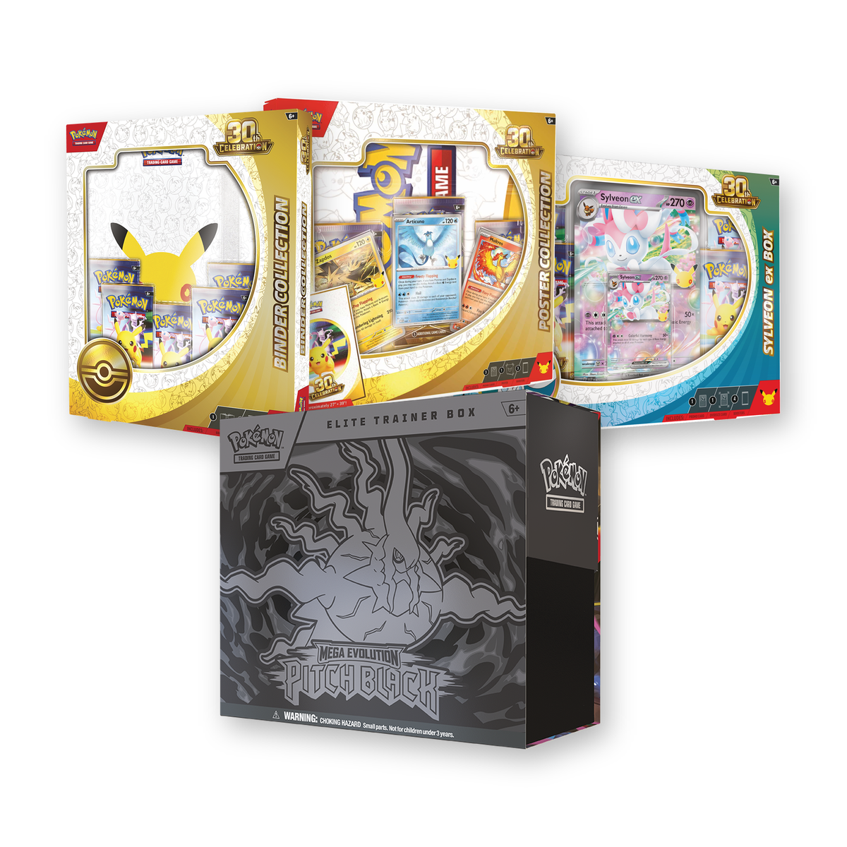 Pokémon TCG bundle: the 30th Celebration Binder Collection, Poster Collection and Sylveon ex Box, with the Mega Evolution—Pitch Black Elite Trainer Box in front